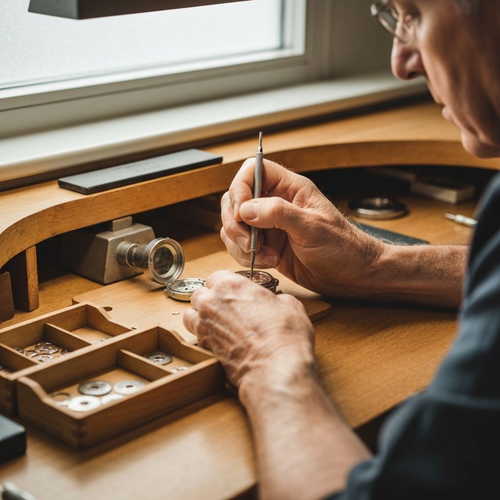 Master watchmaker hand-assembling a gold watch movement with precision tools
