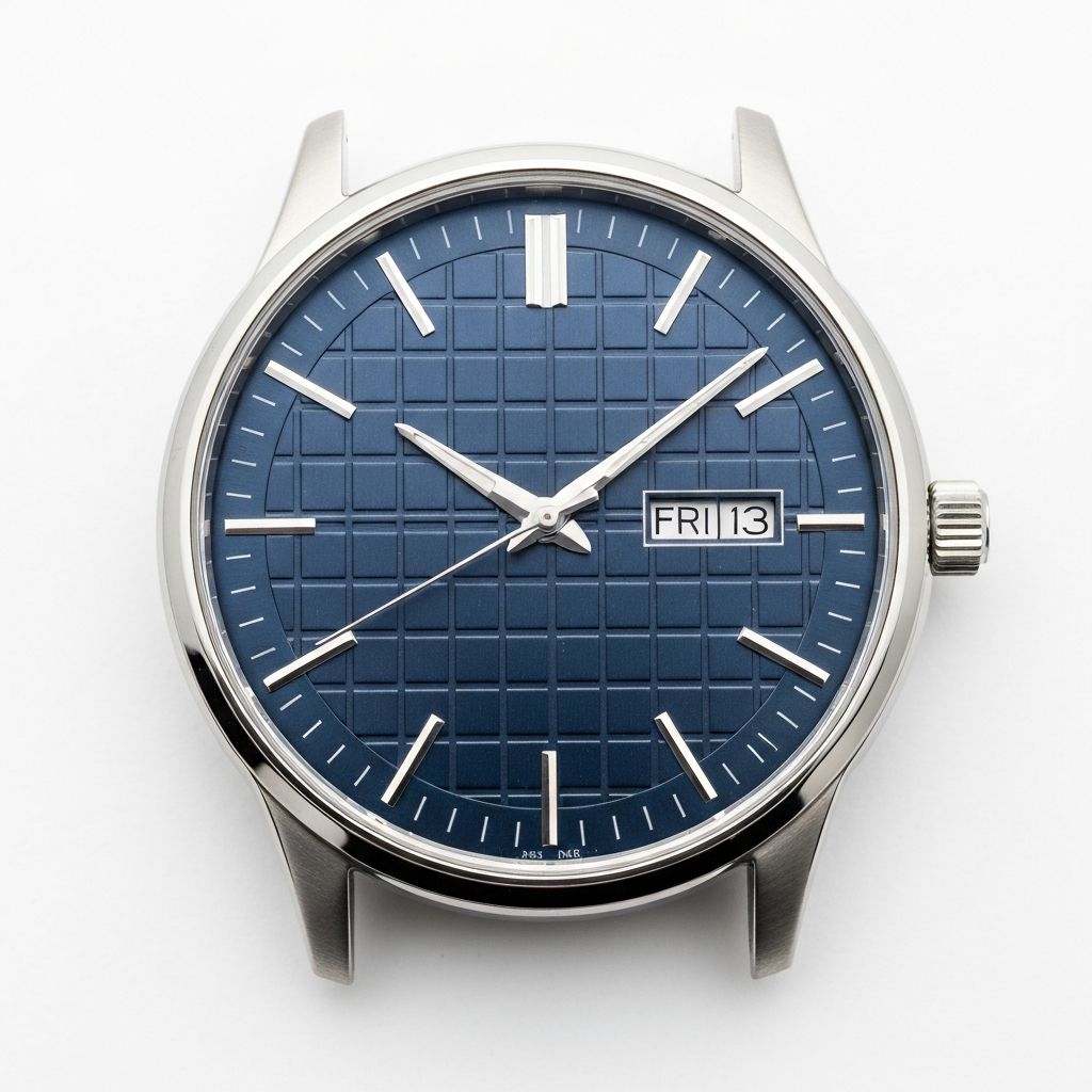 Exploded view of VAKAT solar watch showing dial, solar cell, and case layers against blue sky